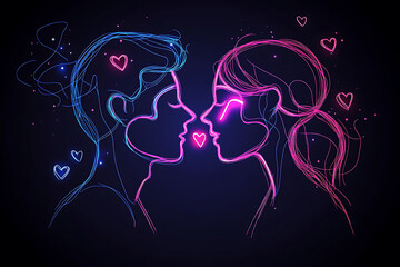 A neon illustration of a couple's faces about to kiss, surrounded by hearts.