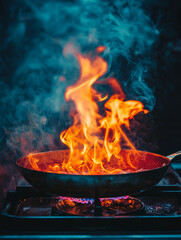 Flames engulfing a skillet on a gas stove, creating a dramatic display of fire and smoke.