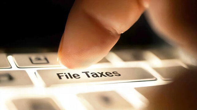 Close-up of a finger pressing a button labeled 'File Taxes' on a computer keyboard during tax preparation season