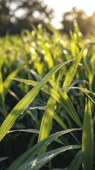 Obraz premium sunlit dew-covered grass blades