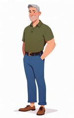 Fototapeta premium A man in blue pants and brown shoes stands sideways, wearing a green polo shirt, smiling slightly at the camera in a casual and confident pose.