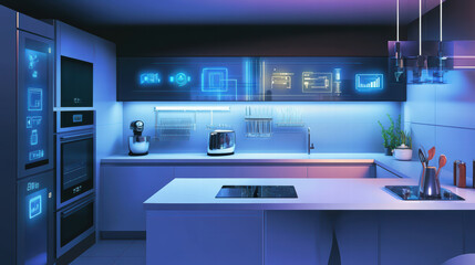 futuristic kitchen environment featuring smart devices and sleek design, illuminated with blue lighting. space showcases advanced technology for modern cooking and convenience