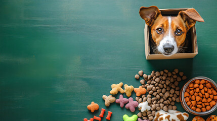 Obraz na płótnie Canvas A donation box filled with pet food and toys is displayed against a green background, seen from above.