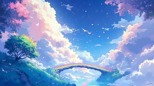 Colorful Anime Style Rainbow Bridge Over Serene River and Cloudy Sky. Concept of fantasy landscapes, enchanting scenery