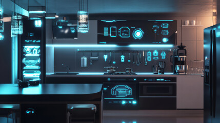 futuristic kitchen featuring smart gadgets and glowing interfaces, showcasing advanced technology and sleek design. ambiance is modern and innovative, perfect for culinary enthusiasts