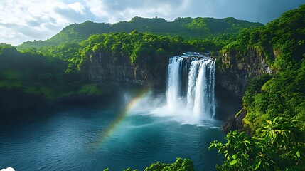 Fototapeta premium Tropical waterfall cascading into lagoon, rainbow, lush rainforest