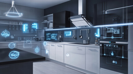 high tech kitchen design featuring modern devices, sleek cabinetry, and digital interfaces. bright, contemporary space showcases innovative technology for cooking and food preparation