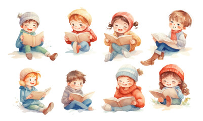 Collection of watercolor hand drawn happy children reading a book, clip art element, on transparent background
