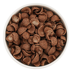 Breakfast cereal. Chocolate corn flakes in bowl on white background, top view. Overhead view of a...