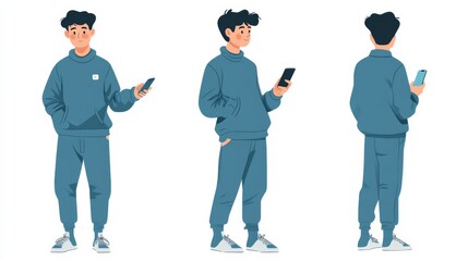 A man wearing a blue sweater and pants stands holding his phone