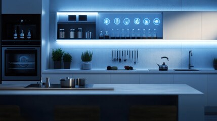 modern kitchen featuring sleek technology, illuminated shelves, and stylish appliances creates sophisticated atmosphere. design emphasizes functionality and elegance