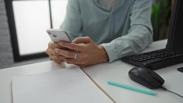 Man using smartphone in office setting with laptop and papers on desk, creating a work task environment ideal for productivity