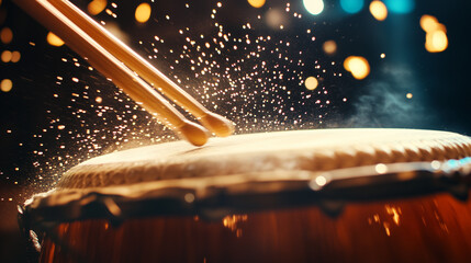 Dynamic motion shot of taiko drumsticks striking the drum skin with a blur effect illuminated by stage lights