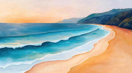 Serene beach scene with gentle waves and colorful sunset