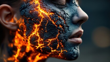 This intense close-up showcases a female figure with a cracked face glowing fiery orange, symbolizing resilience and the struggles of identity in a visually stunning way.