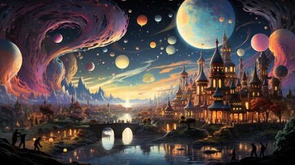 Obraz premium Enchanted Castle Under a Celestial Sky