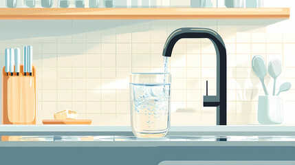 Filling a glass with clean drinking water from kitchen faucet, tap water, kitchen, glass, water, clean, safe, healthy. Glass & Crystal Structures. Illustration