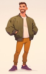 Obraz premium A man in casual attire with brown pants, white shirt, olive green jacket, and purple shoes standing with hands on his waist, smiling slightly and looking at the viewer