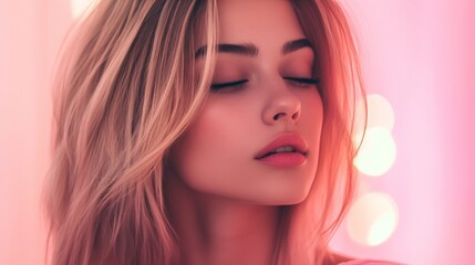 Fototapeta premium Serene blonde woman, pink backdrop, lights, beauty portrait