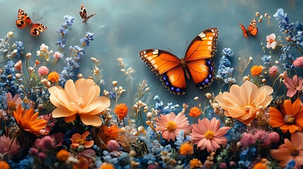 Butterfly hovering over wildflowers, dreamy sky, floral arrangement, greeting card