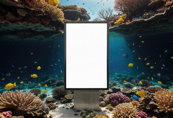 A white blank screen stands centrally in a vibrant underwater scene, surrounded by colorful coral reefs and a variety of fish, creating a captivating visual narrative