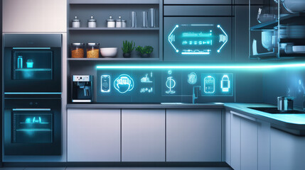 Innovative kitchen scene showcasing smart appliances and futuristic design elements, featuring sleek cabinetry, illuminated interfaces, and modern cooking tools