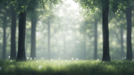 Sunlit forest path, tranquil nature scene, green grass, peaceful background, ideal for relaxation
