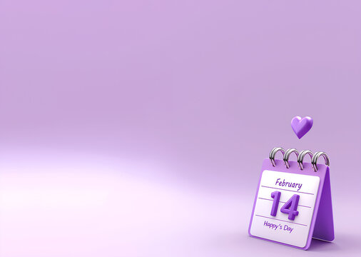 Calendario 3D  de San Valent&iacute;n, 14 de Febrero. Modelo 3d render realista con fondo morado
