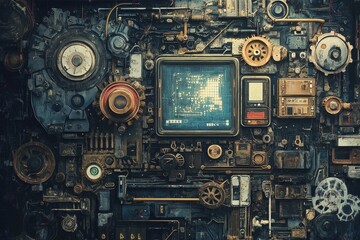 Fototapeta premium Intricate steampunk machine panel featuring gears and a central screen