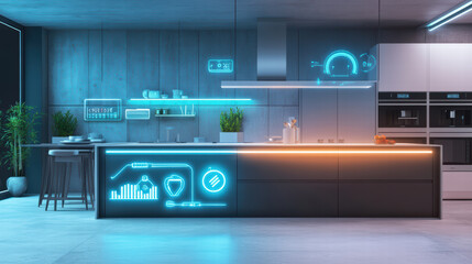 Modern kitchen with smart devices, glowing icons, and sleek design. This futuristic space features minimalist aesthetic, combining technology and functionality for enhanced cooking experience