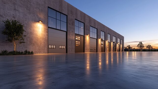 Modern warehouse sunset; loading docks; industrial park; business