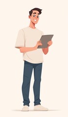 Smiling man standing and holding a tablet, wearing blue jeans and a t-shirt