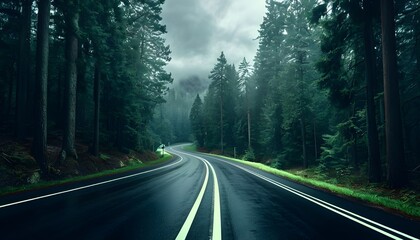 Fototapeta premium Serene Curved Road Through Dense Forest Under Overcast Sky