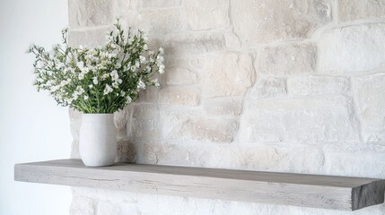 White flowers vase on mantel, stone wall background, home decor