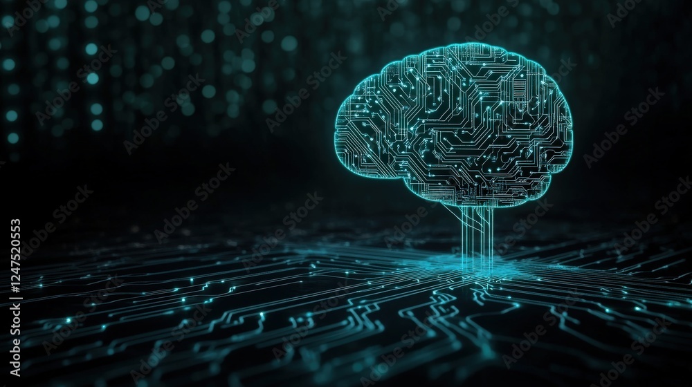 Poster Futuristic Digital Brain with Circuit Patterns and Neon Glow Effect
