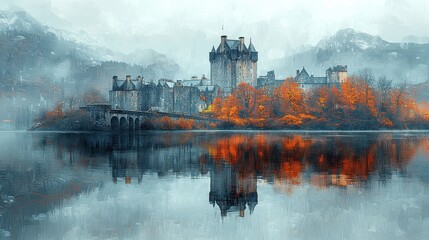 A serene castle reflected in a calm lake, surrounded by autumn foliage.