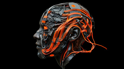 Futuristic cyborg head with exposed wiring and glowing orange details. Post-Human Evolution. Illustration