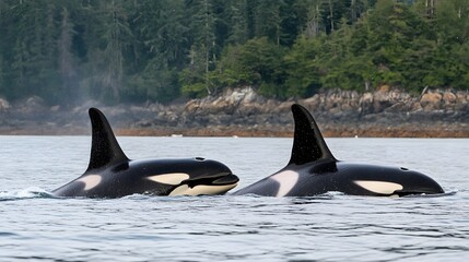 Obraz premium 自然の中を泳ぐシャチの親子