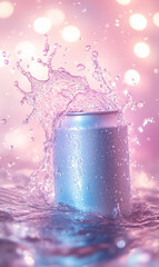 cold colorful metallic soda can in splashing water and with drops of condensate, fresh drink in liquid, advertising mock-up
