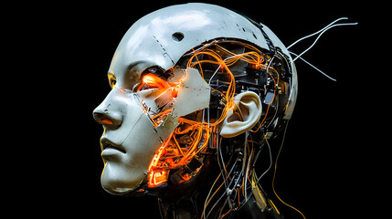 Futuristic cyborg head with exposed wiring and glowing orange details. Post-Human Evolution. Illustration