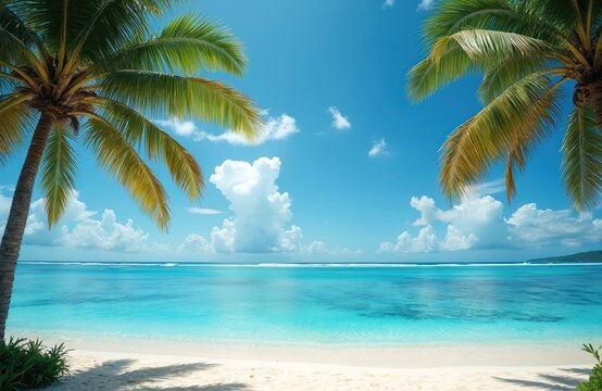 Tropical paradise beach scene with azure ocean water and palm trees. Sunny day on a beautiful island. Calm waves gently lap on the shore. White sand beach perfect for relaxation and travel. - Powered by Adobe