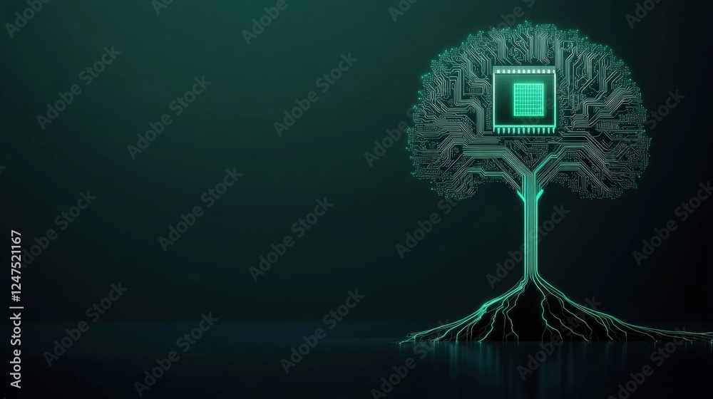 Aufkleber Digital Tree with Circuit Board Patterns and Microchip Design