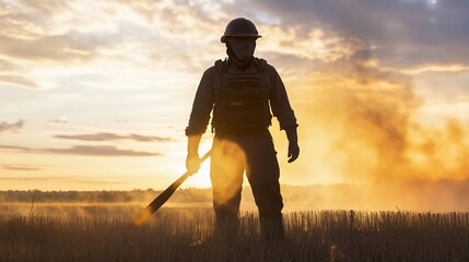 Post-apocalyptic survivor sunset field battle.