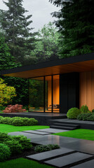 Fototapeta premium Modern A-Frame House with Large Windows and Warm Evening Lighting in Tranquil Landscape