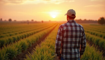 Farmer stands in field at sunset. Rural landscape. Contemplating crop insurance, weather resilience. Plans for safe harvest. Agricultural industry. Crop protection strategy. Pro advice. Expert