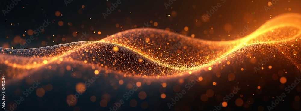 Poster abstract digital wave pattern with glowing particles. dynamic motion design with soft orange, gold t