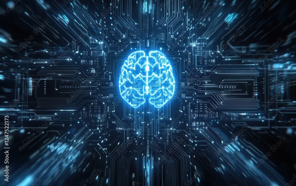 Poster a blue circuit board with the shape of an ai brain in white, surrounded by glowing lines and intrica