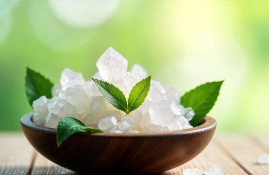 White camphor crystals displayed in wooden bowl. Green leaves placed on top of crystals. Natural aroma therapy setup perfect for spa wellness concept. Photo shows beauty, relaxation. Eco friendly