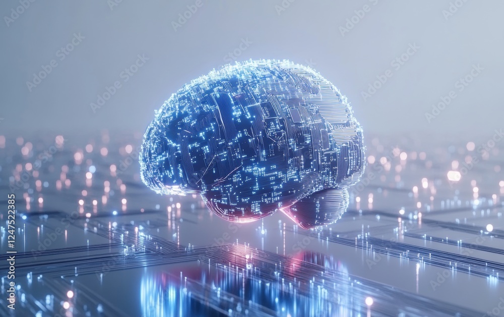 Poster a digital brain made of circuitry, surrounded by blue and silver lines representing data flow on an 