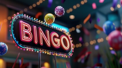 neon lights that say "BINGO", celebration for winner, confetti  and balloons